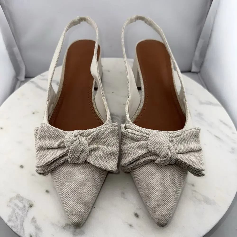 ASOS Suzy‎ Bow Slingback Heels EU40 US9 Beige Fabric Pointed Toe Block Heel